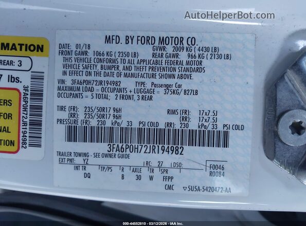 3FA6P0H72JR194982 2018 FORD FUSION White Engine compartment view