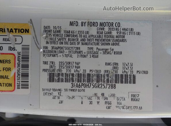 3FA6P0H75GR257288 2016 FORD FUSION White Вид підкапотного простору
