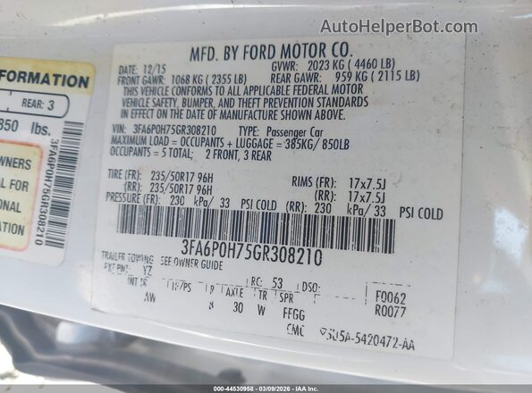 3FA6P0H75GR308210 2016 FORD FUSION White 