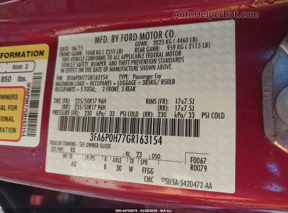 3FA6P0H77GR163154 2016 FORD FUSION Red 