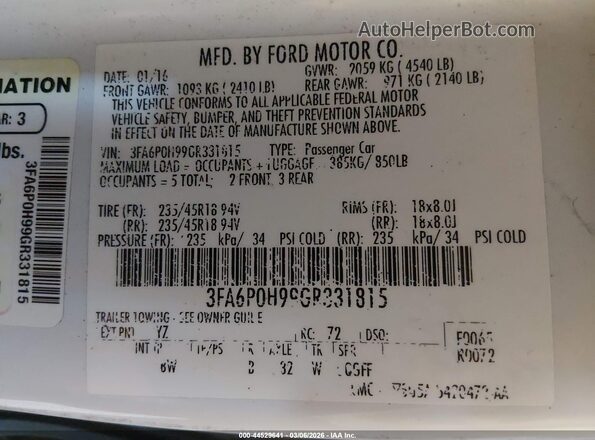 3FA6P0H99GR331815 2016 FORD FUSION Белый Вид подкапотного пространства