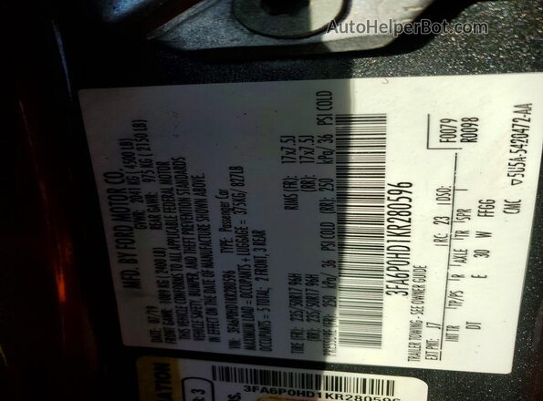 3FA6P0HD1KR280596 2019 FORD FUSION Gray 