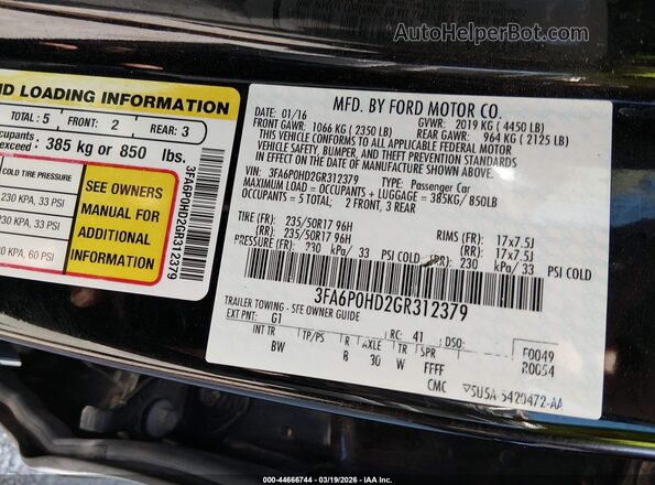 3FA6P0HD2GR312379 2016 FORD FUSION Black Widok komory silnika