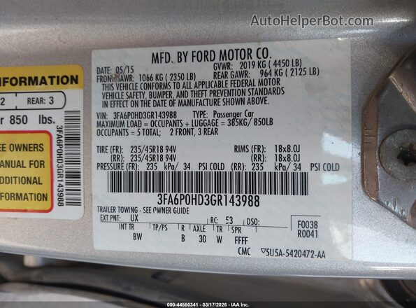3FA6P0HD3GR143988 2016 FORD FUSION Silver Widok komory silnika