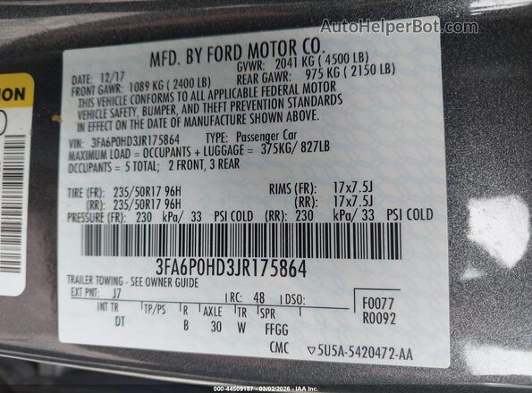 3FA6P0HD3JR175864 2018 FORD FUSION Серый 