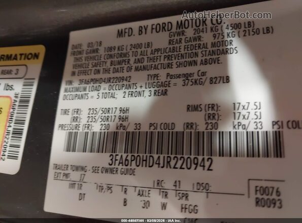 3FA6P0HD4JR220942 2018 FORD FUSION Серый Вид подкапотного пространства
