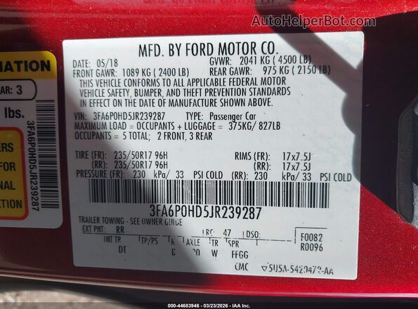 3FA6P0HD5JR239287 2018 FORD FUSION Red Вид підкапотного простору