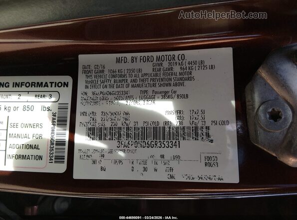 3FA6P0HD6GR353341 2016 FORD FUSION Brown Widok komory silnika