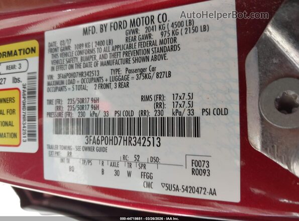 3FA6P0HD7HR342513 2017 FORD FUSION Maroon Widok komory silnika