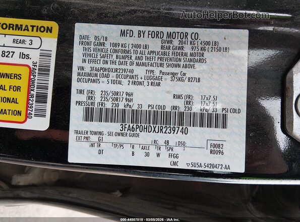 3FA6P0HDXJR239740 2018 FORD FUSION Black Vista del compartimento del motor