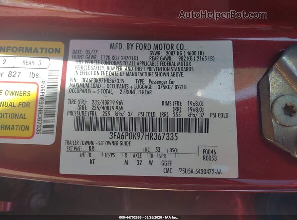3FA6P0K97HR367335 2017 FORD FUSION Красный Вид подкапотного пространства
