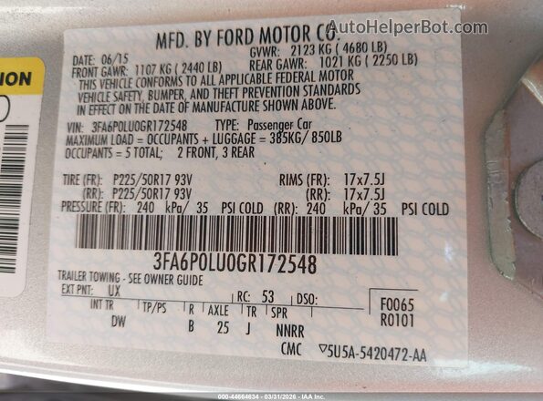 3FA6P0LU0GR172548 2016 FORD FUSION HYBRID Silver Vista del compartimento del motor