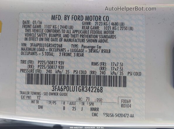 3FA6P0LU1GR342268 2016 FORD FUSION HYBRID White Вид підкапотного простору