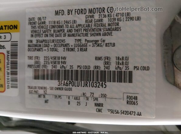 3FA6P0LU1JR103245 2018 FORD FUSION HYBRID White Շարժիչի բաժամունքի տեսք