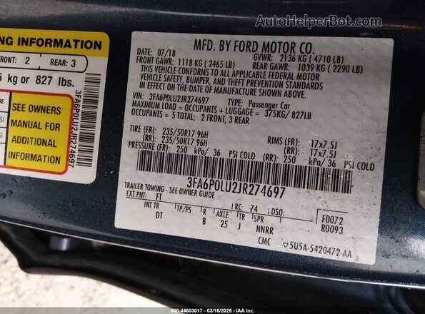3FA6P0LU2JR274697 2018 FORD FUSION HYBRID Blue Engine compartment view