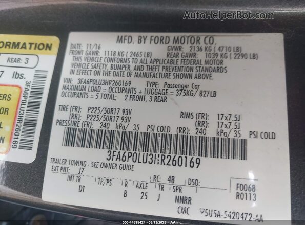 3FA6P0LU3HR260169 2017 FORD FUSION HYBRID Gray Vista del compartimento del motor
