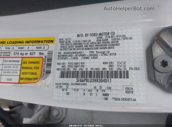 3FA6P0LU3HR304011 2017 FORD FUSION HYBRID White 
