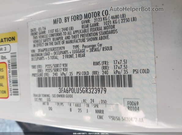 3FA6P0LU5GR323979 2016 FORD FUSION HYBRID White Engine compartment view