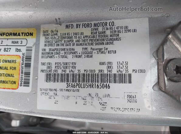 3FA6P0LU5HR165046 2017 FORD FUSION HYBRID Silver 