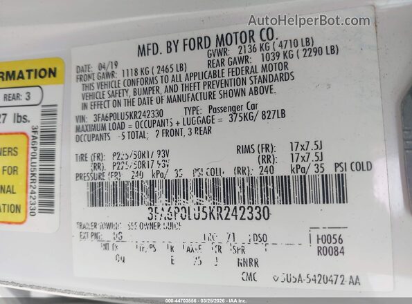 3FA6P0LU5KR242330 2019 FORD FUSION HYBRID White Вид підкапотного простору