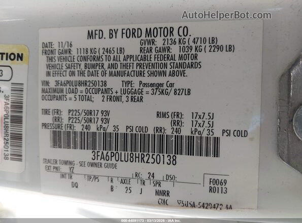 3FA6P0LU8HR250138 2017 FORD FUSION HYBRID White Շարժիչի բաժամունքի տեսք