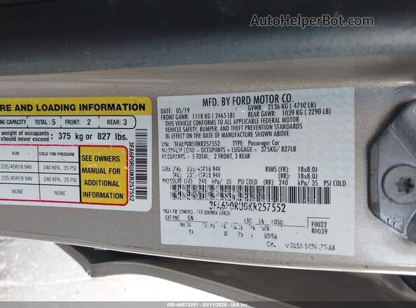 3FA6P0RU0KR257552 2019 FORD FUSION HYBRID Black 