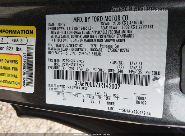 3FA6P0UU7JR142002 2018 FORD FUSION Gray Вид підкапотного простору