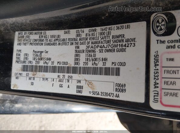 3FADP4AJ7GM164273 2016 FORD FIESTA Black 