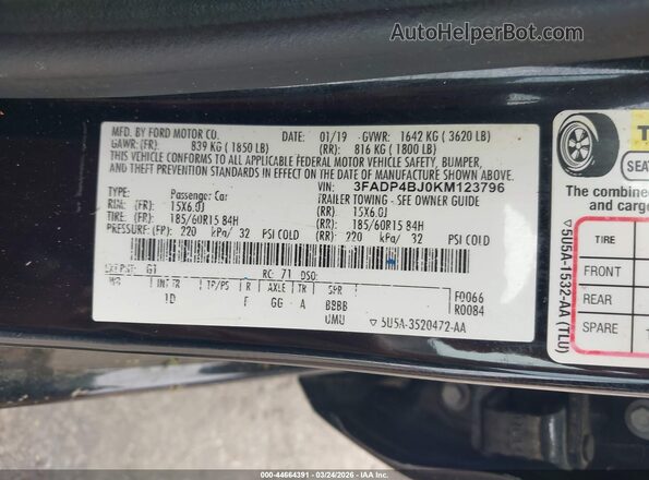 3FADP4BJ0KM123796 2019 FORD FIESTA Black Widok komory silnika