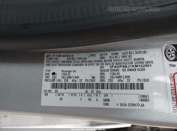 3FADP4BJ1KM162901 2019 FORD FIESTA Серебряный 