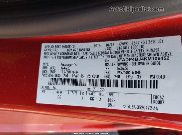 3FADP4BJ4KM106452 2019 FORD FIESTA Orange ძრავის განყოფილების ხედი