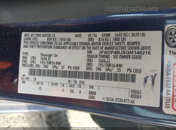 3FADP4BJ5GM148216 2016 FORD FIESTA Blue Vista del compartimento del motor