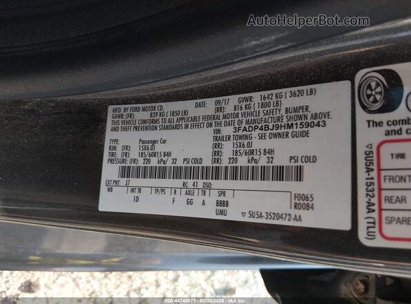 3FADP4BJ9HM159043 2017 FORD FIESTA Серый Вид подкапотного пространства