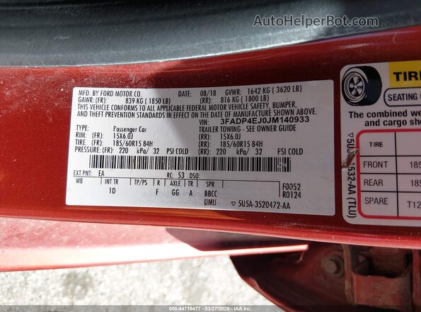 3FADP4EJ0JM140933 2018 FORD FIESTA Red Widok komory silnika