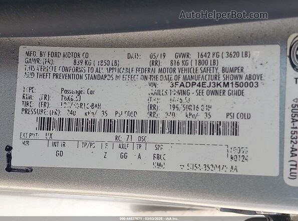 3FADP4EJ3KM150003 2019 FORD FIESTA Silver ძრავის განყოფილების ხედი