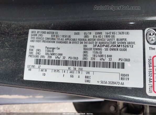 3FADP4EJ5KM152612 2019 FORD FIESTA Gray 