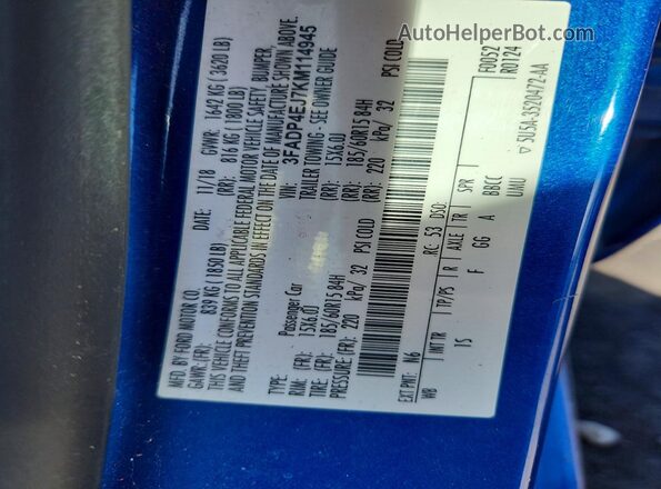 3FADP4EJ7KM114945 2019 FORD FIESTA Blue Շարժիչի բաժամունքի տեսք