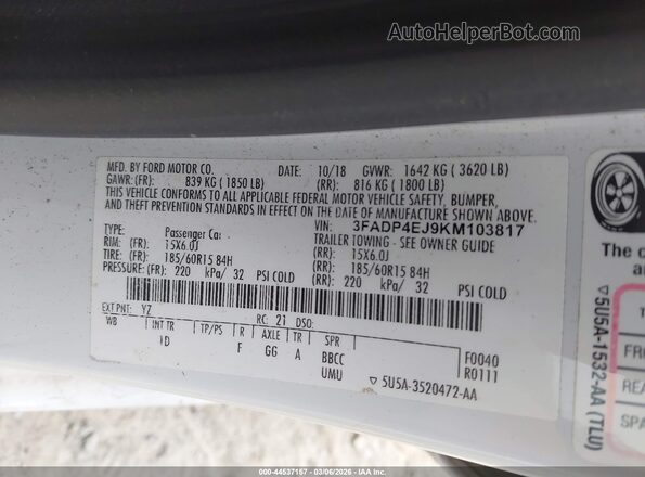 3FADP4EJ9KM103817 2019 FORD FIESTA White 