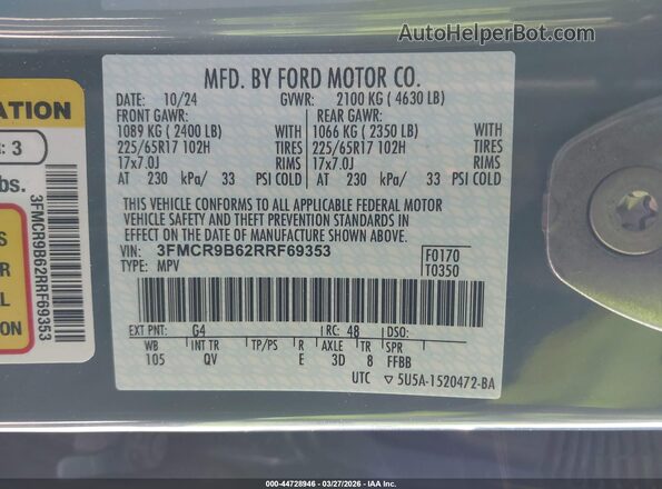 3FMCR9B62RRF69353 2024 FORD BRONCO SPORT Blue Vista del compartimento del motor