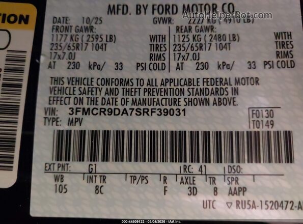 3FMCR9DA7SRF39031 2025 FORD BRONCO SPORT Black 