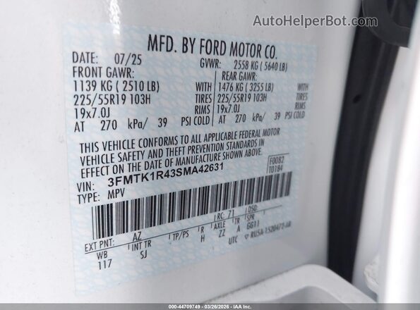 3FMTK1R43SMA42631 2025 FORD MUSTANG MACH-E White Widok komory silnika