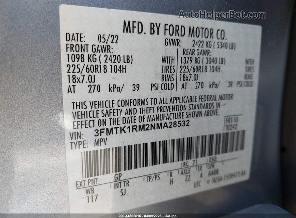 3FMTK1RM2NMA28532 2022 FORD MUSTANG MACH-E Teal Vista del compartimento del motor