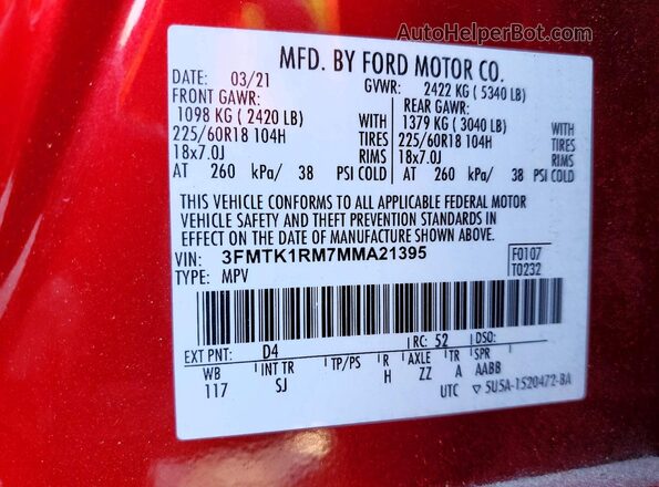 3FMTK1RM7MMA21395 2021 FORD MUSTANG Красный Панорамный вид салона 360°