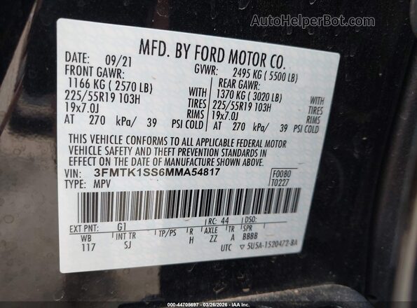 3FMTK1SS6MMA54817 2021 FORD MUSTANG MACH-E Black ძრავის განყოფილების ხედი