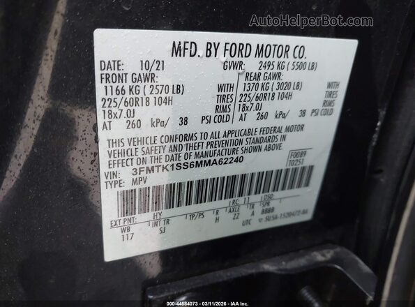 3FMTK1SS6MMA62240 2021 FORD MUSTANG MACH-E Gray Вид підкапотного простору