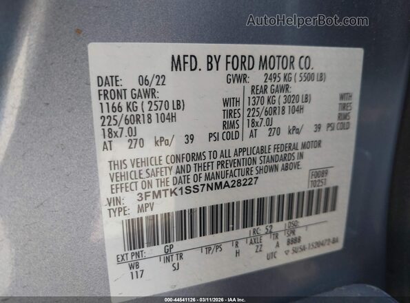 3FMTK1SS7NMA28227 2022 FORD MUSTANG MACH-E Silver Widok komory silnika