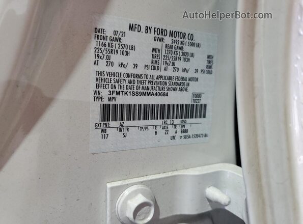 3FMTK1SS9MMA40684 2021 FORD MUSTANG White Вид наклейки з VIN-кодом