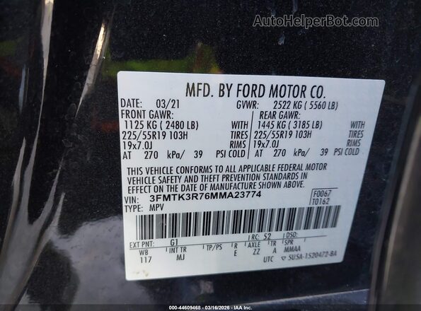3FMTK3R76MMA23774 2021 FORD MUSTANG MACH-E PREMI Black Widok komory silnika