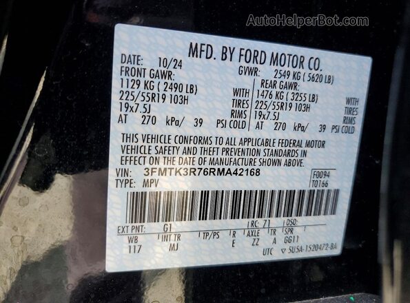 3FMTK3R76RMA42168 2024 FORD MUSTANG MACH-E PREMI Black Vista de la etiqueta del VIN