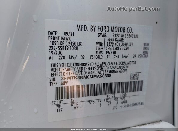 3FMTK3RM0MMA56808 2021 FORD MUSTANG MACH-E PREMI Белый Вид подкапотного пространства